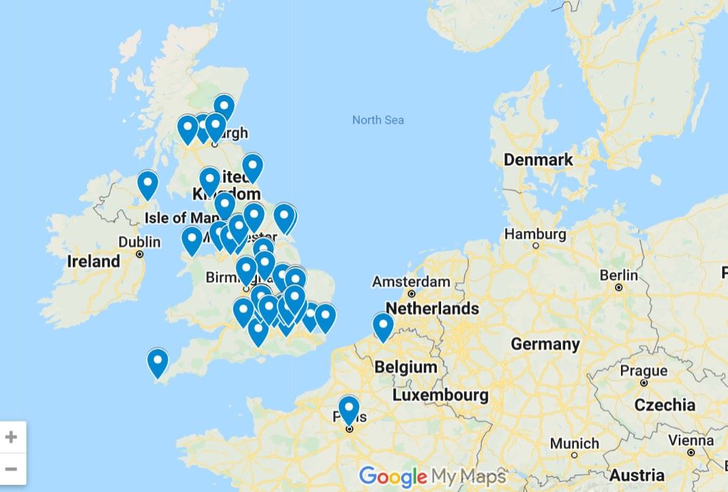 a map with where blue plaques are located, click to also read a full list of where they are