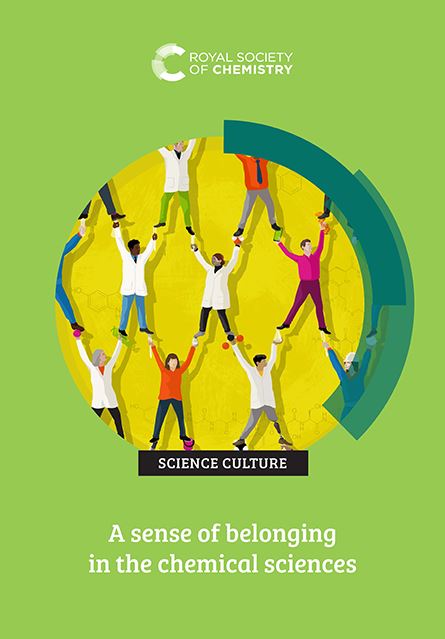 Belonging in the chemical sciences report front cover, cartoon diverse community