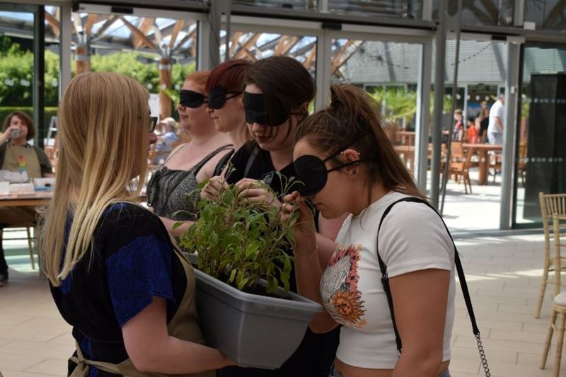 Blindfolded women line up to guess a plant by smell at a sensory laboratory