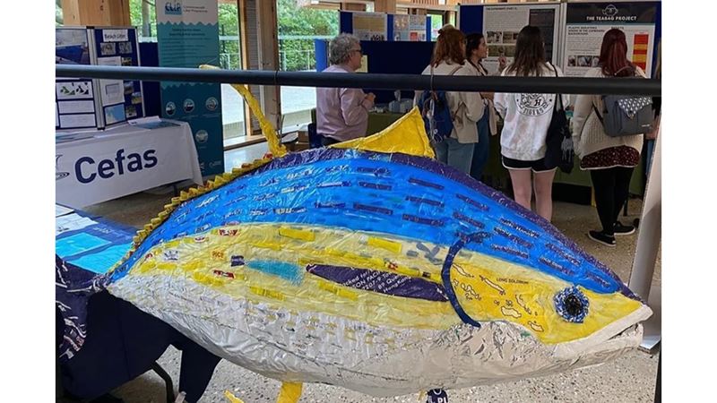 A two-metre tuna made from plastic waste, watching over the Cefas exhibit
