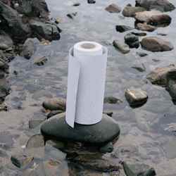 A roll of Notpla Paper stood on a stone