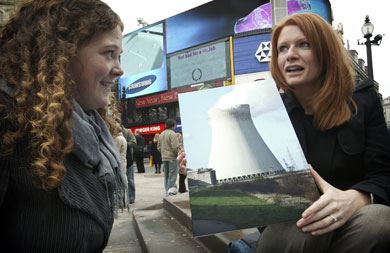 The RSC's Dr Helen Rowland (left) quizzes a member of the public about cooling towers