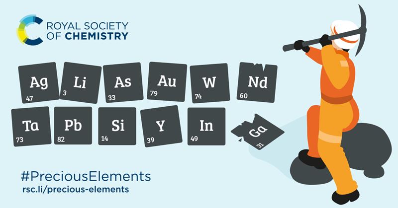 Illustrated graphic showing someone mining precious elements. Text: #PreciousElements. rsc.li/precious-elements