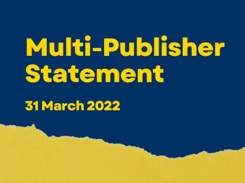 Multi-publisher Ukraine statement banner with blue and yellow background
