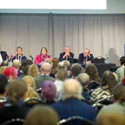 Left to right: Jamie Halcro Johnson (Scottish Conservatives), Maggie Chapman (Scottish Greens), Clare Adamson (SNP), Willie Rennie (Scottish Liberal Democrats), Michael Marra (Scottish Labour) and chair Ken Macdonald