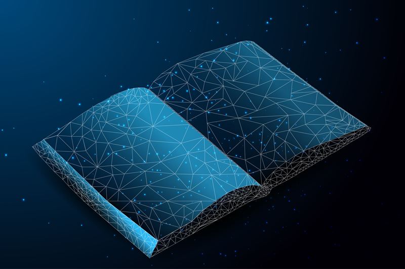 A book made out of white dots and lines on a black and blue background.