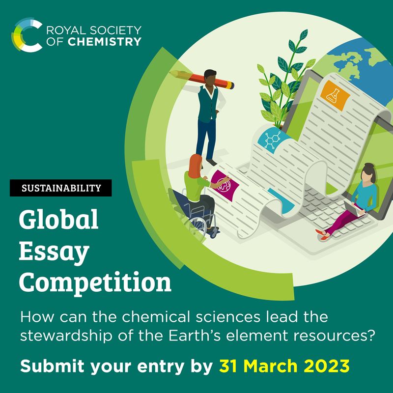 A poster with the title 'Global essay competition' and a graphic showing young people writing essays, with paper and green plants in the background