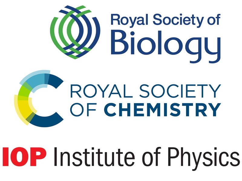 The logos of the Royal Society of Biology, the Royal Society of Chemistry and the Institute of Physics