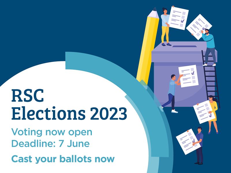 A graphic featuring a giant pencil, a huge ballot box and people submitting paper votes on a dark blue background.