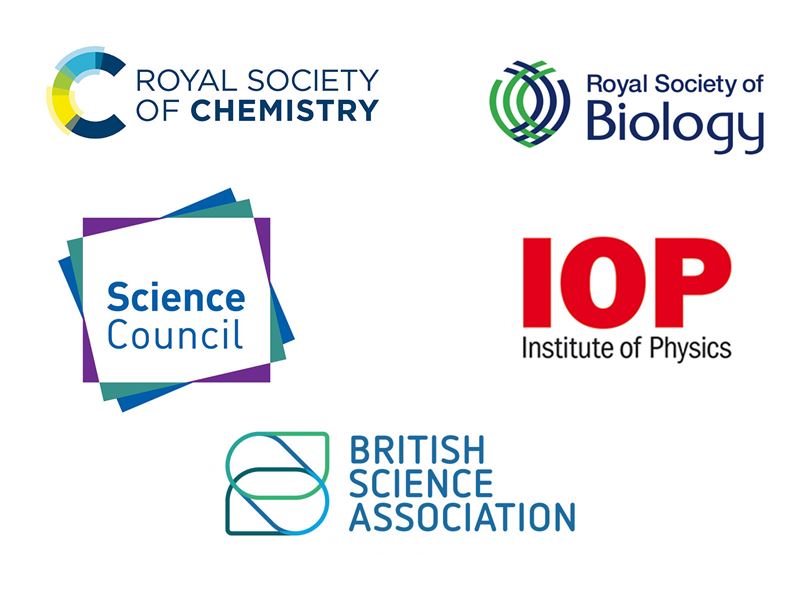 The logos of the Royal Society of Chemistry, British Science Association, Institute of Physics, Royal Society of Biology and Science Council all positioned on a white background