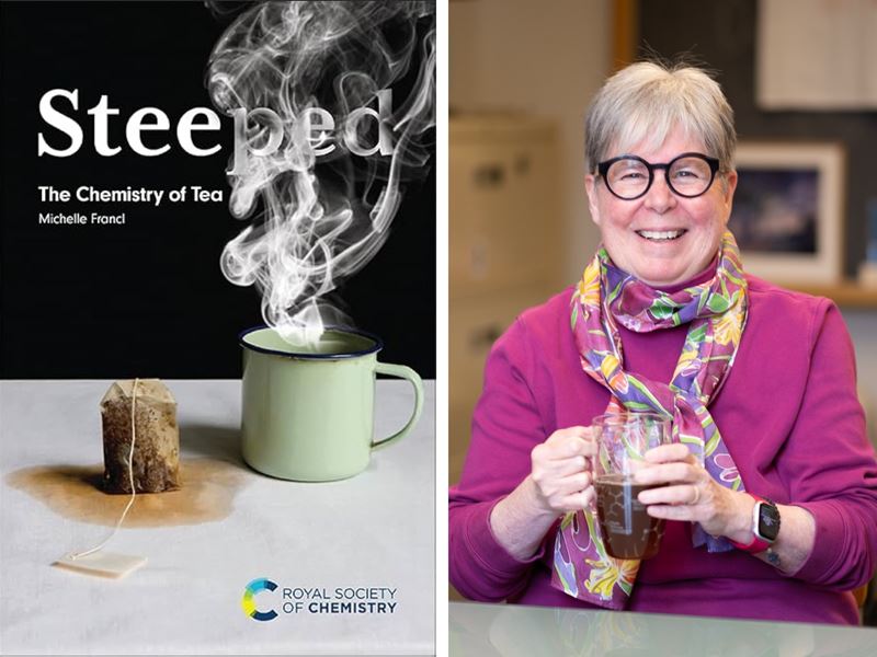 A split picture showing the front cover of the new book Steeped on the left (the cover features a steaming cup of tea with a soaked tea bag sat alongside on a white counter) and right is a picture of a smiling Dr Michelle Francl, who is wearing glasses, a multicoloured scarf and holding a glass cup of tea.