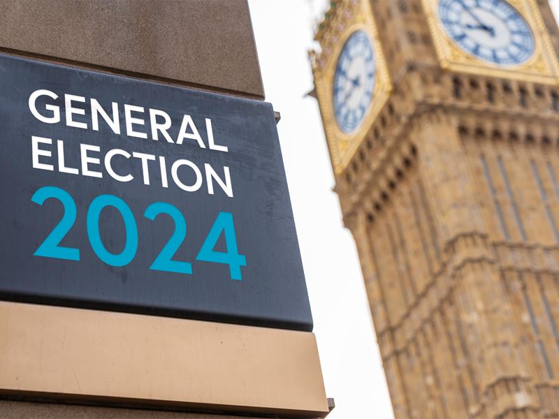 A sign reading 'General Election 2024'  across the road from Big Ben and the Houses of Parliament