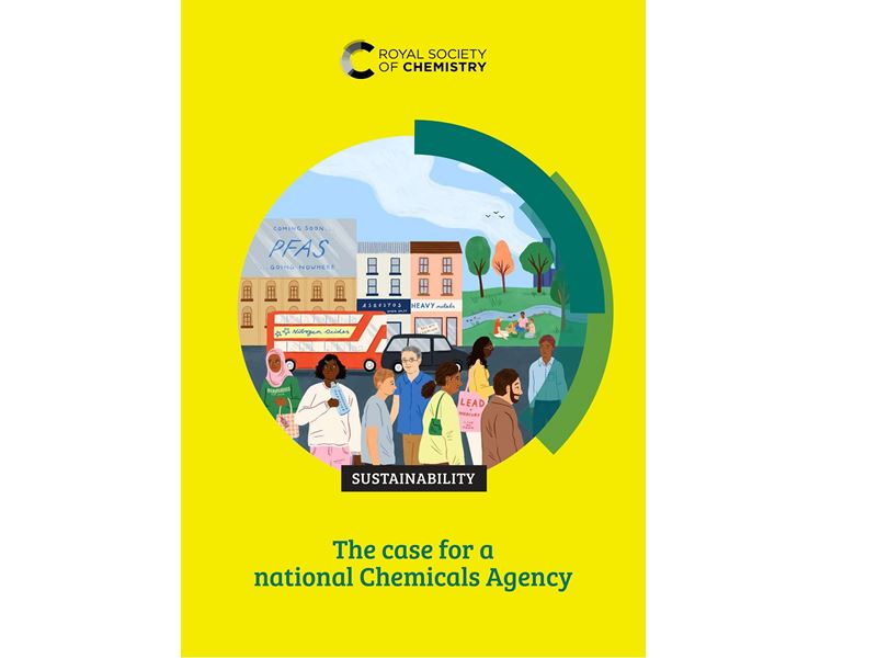The report cover of the RSC's report, The case for a national Chemicals Agency, features a round graphic in the middle of a yellow front cover. In the picture, various people are interacting with products and vehicles, with references to problematic chemicals such as PFAS.