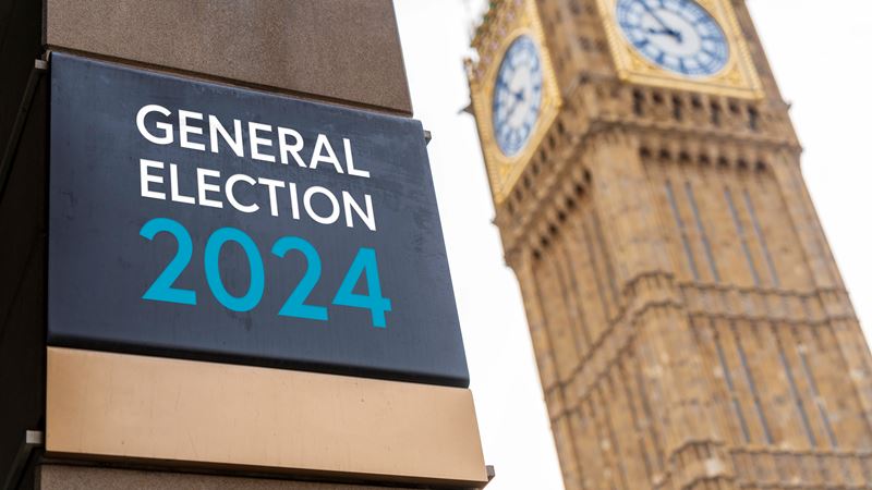 A sign reading 'General Election 2024'  across the road from Big Ben and the Houses of Parliament