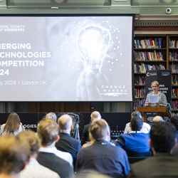 Jo Reynolds, Director of Science and Communities for the RSC, gives a speech during the Emerging Technologies Competition final at Burlington House