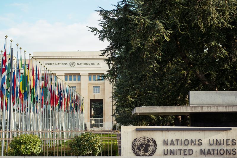 A row of national flags lines the route to the entrance of the United Nations' European HQ in Geneva
