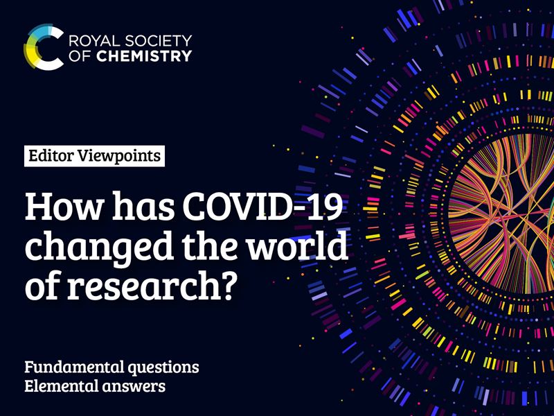 with kaleidoscope background and words how has Covid 19 changed the world of research?