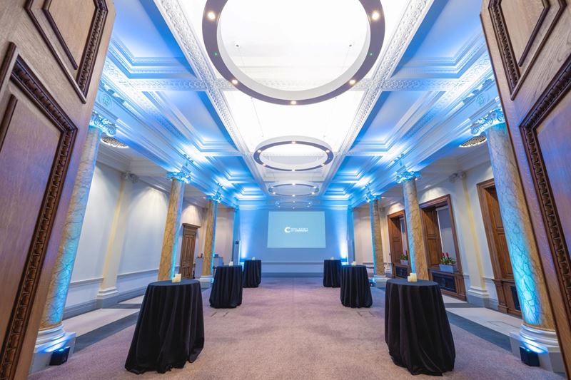 science room with blue lighting and tables