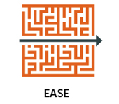 a cartoon graphic of a maze with an arrow going straight through centre and out other side with the word ease