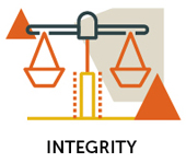 a cartoon graphic with weighing scales at equal balance and the word integrity
