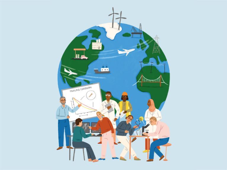 illustration of earth with scientists and industry professionals in front