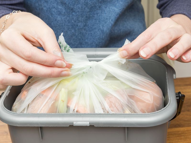 A greenish plastic bag filled with food scraps
