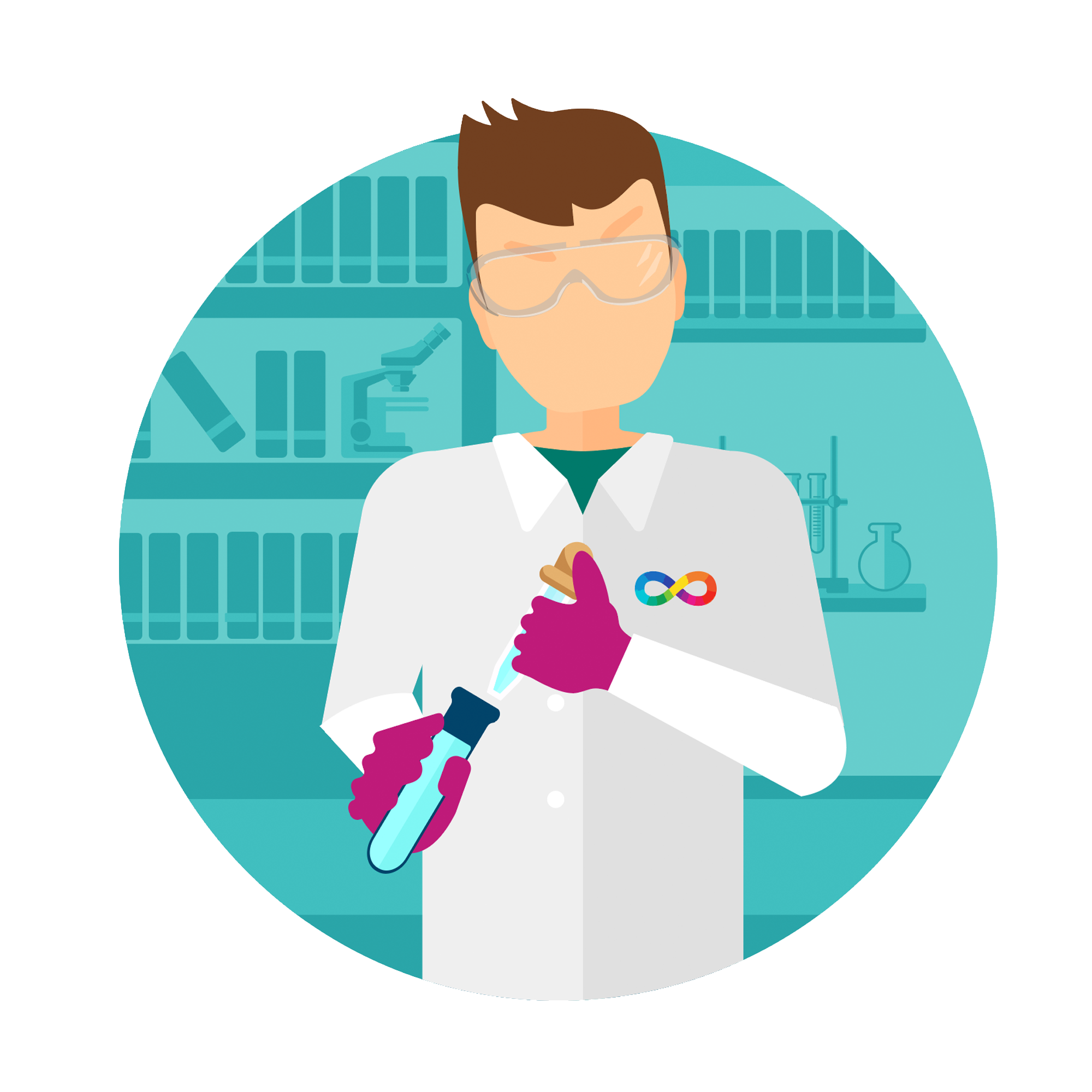 person looking focused using a pipette in a lab environment. Wearing a lab coat with a neurodiversity infinity symbol (rainbow infinity sign) on the lab coat as a badge