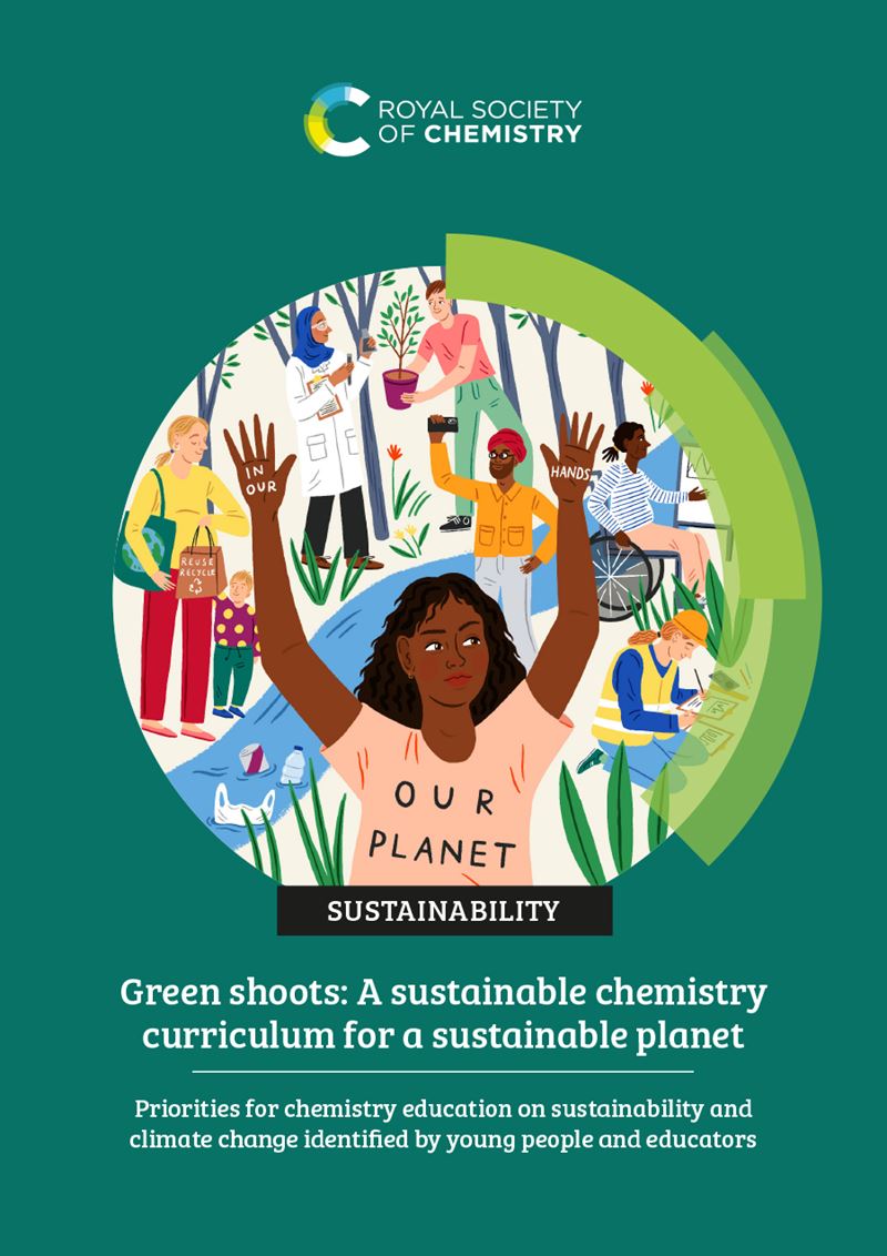 Illustration featuring young people being activists, picking up litter, doing recycling, and teaching. Text reads: A sustainable chemistry curriculum for a sustainable planet.