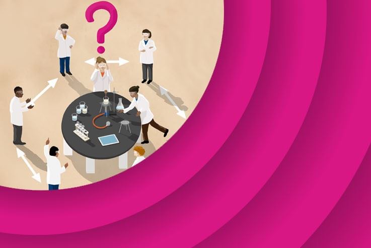Front cover of report in pink with scientists and question marks around a science lab table