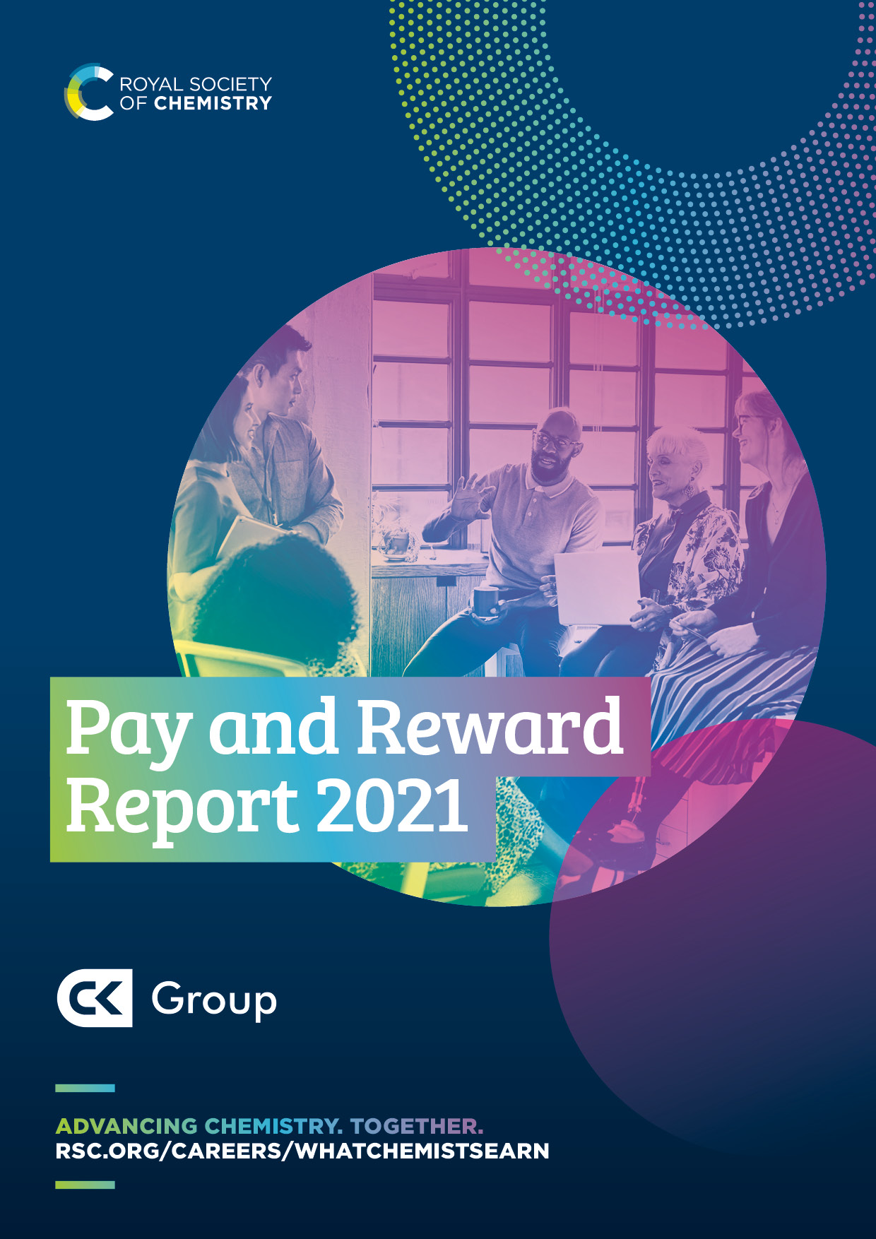 Pay and Reward Report Cover showing scientific employess sitting together talking