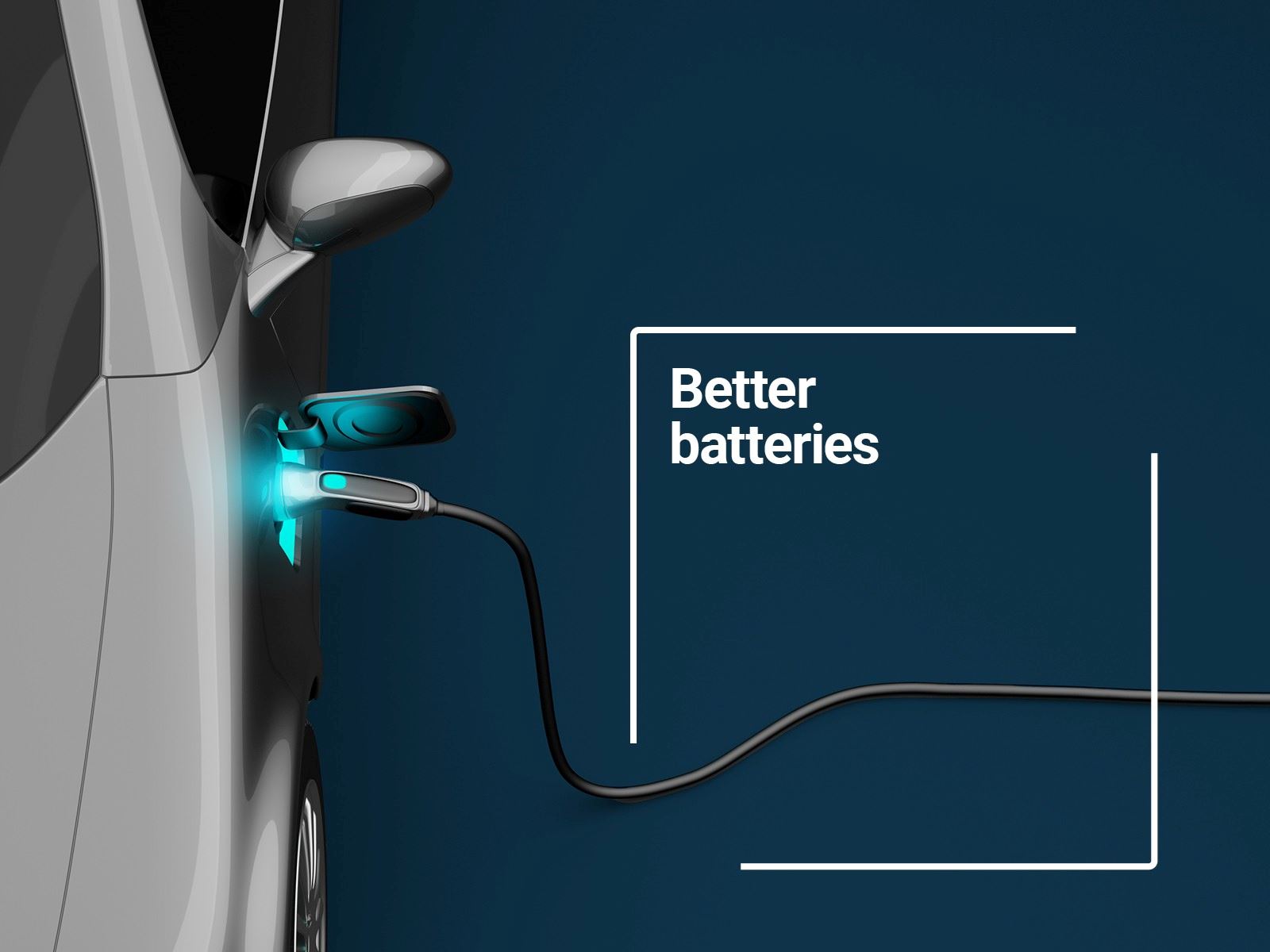 Electric car charging alongside text reading better batteries