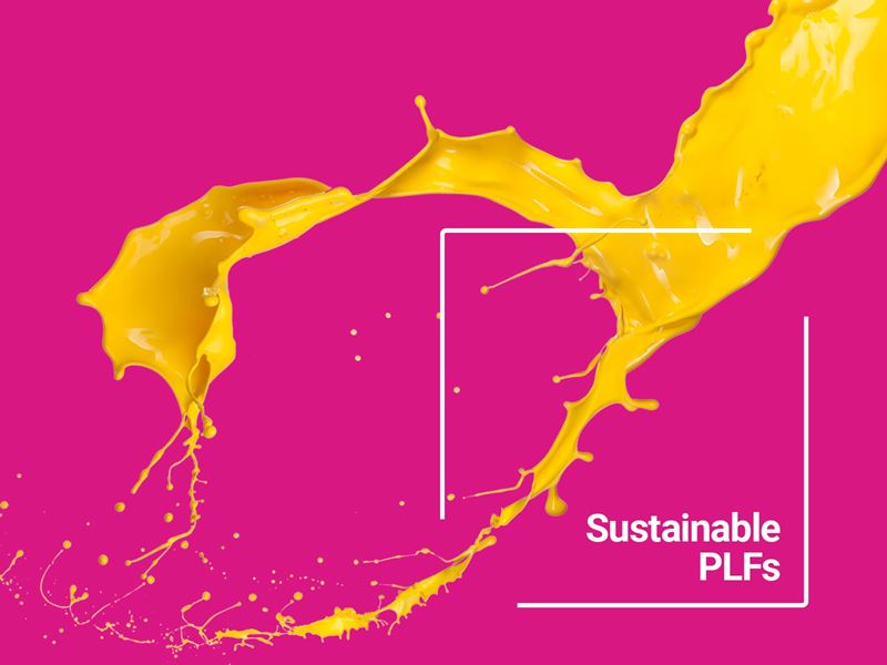 Yellow paint splash on pink background alongside text reading sustainable PLFs